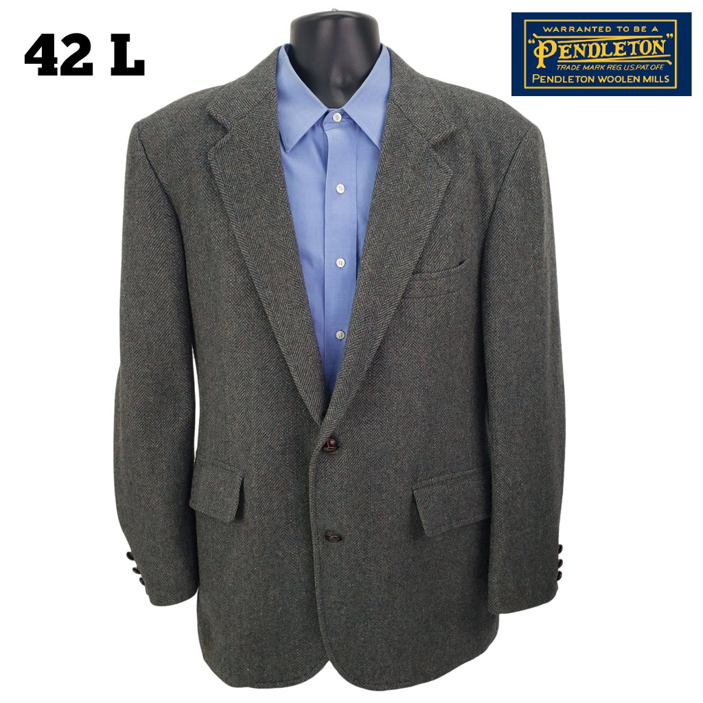 Pendleton Men's 42 Long 100% Pure Virgin Wool Gray Herringbone Blazer Jacket 42l